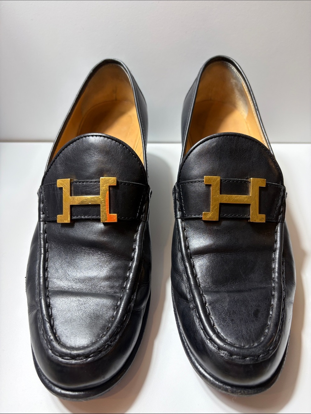 Hermes Black Constance Leather Loafers with Gold H Hardware -size 38.5